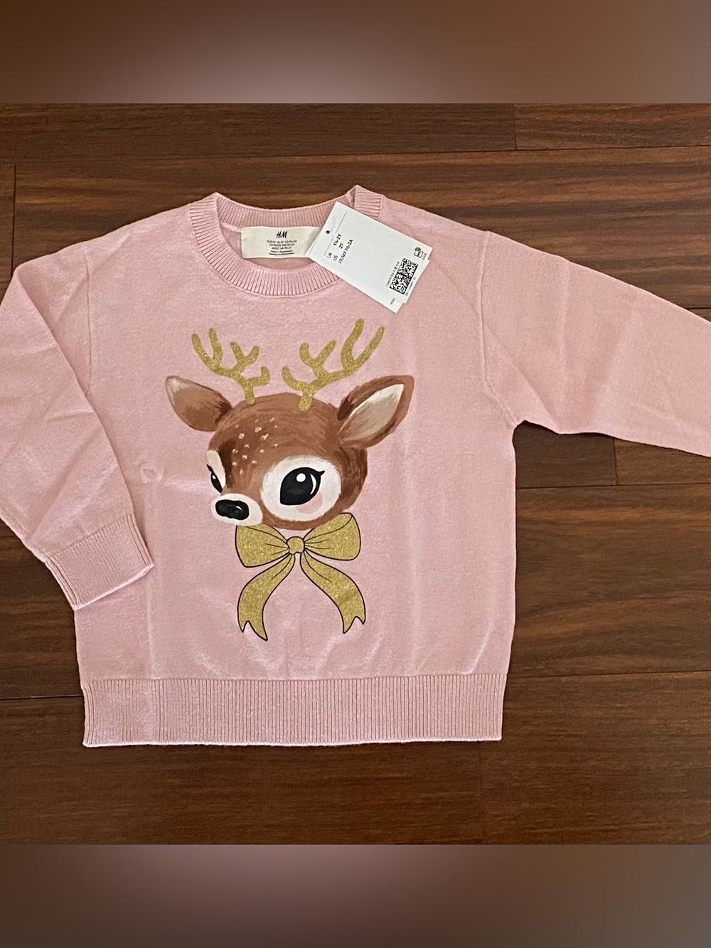 H&M Pink Sweater with Deer and Sparkly Gold Accents